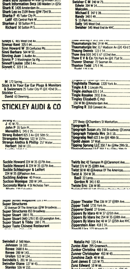 A scan of various names from the yellow pages. 