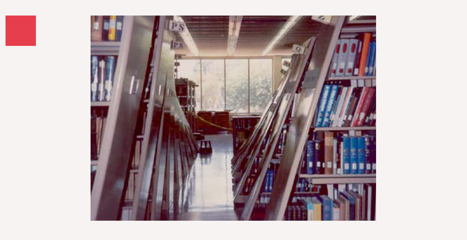 A photograph of toppled books at the San Bernardino Valley College Library in the aftermath of an earthquake on 28 June 1992.