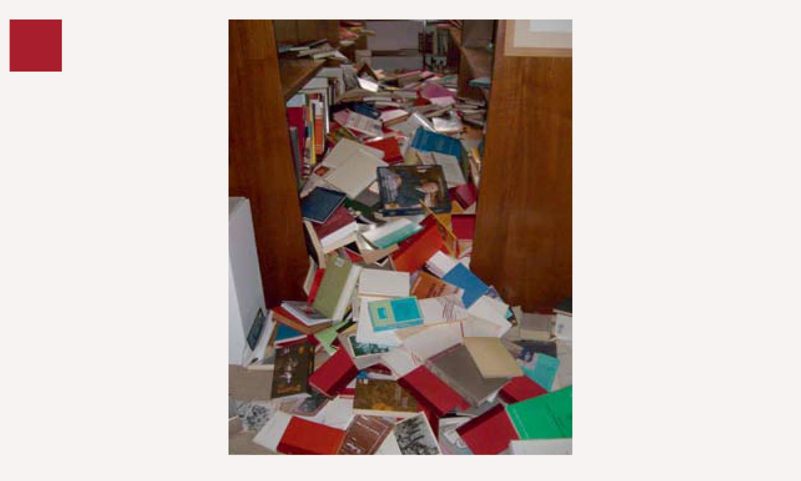 A photograph of toppled books at a private library in Peru in the aftermath of an earthquake on 15 August 2007.