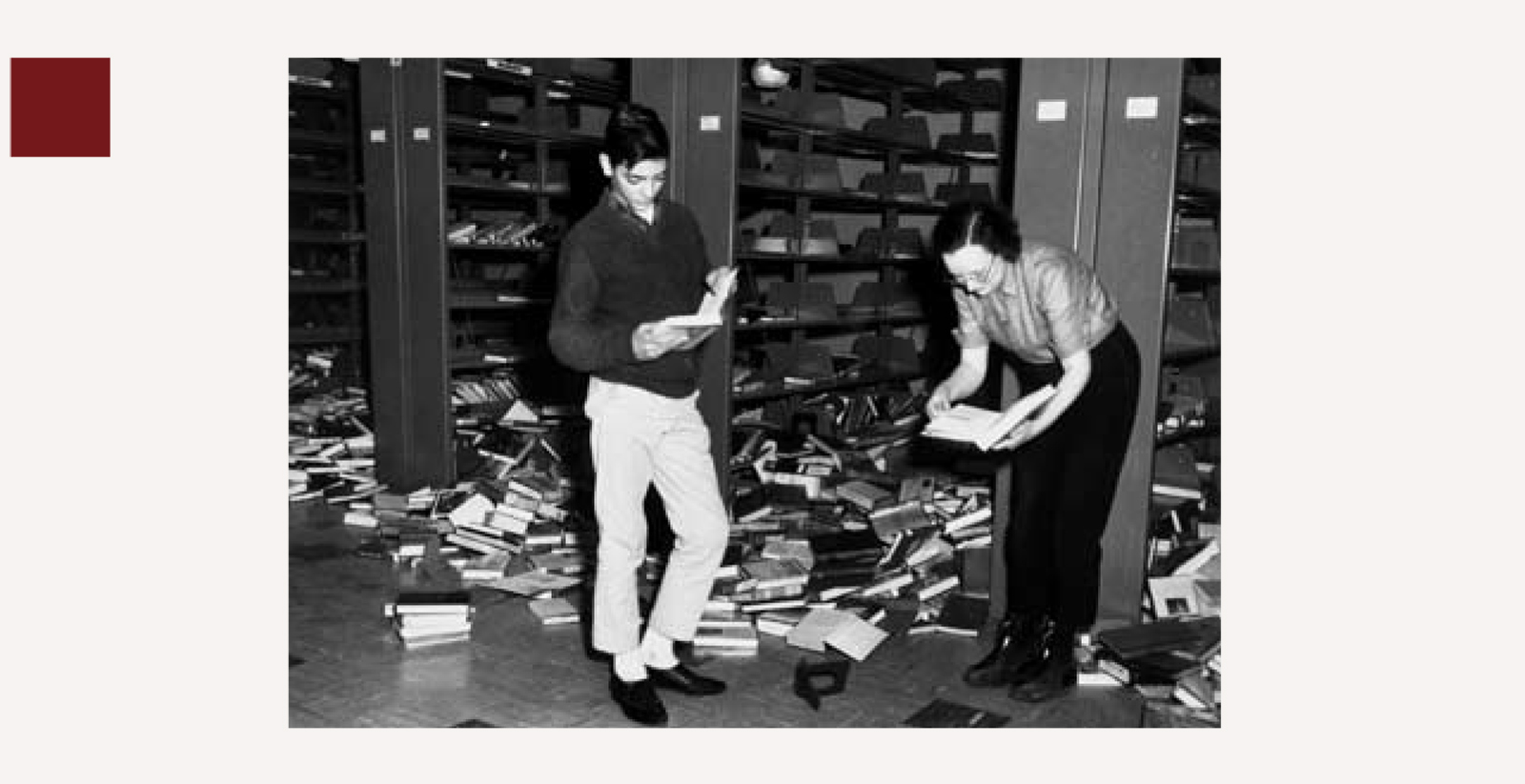 A photograph of toppled books at the Anchorage Community College Library in the aftermath of an earthquake on 27 March 1964.