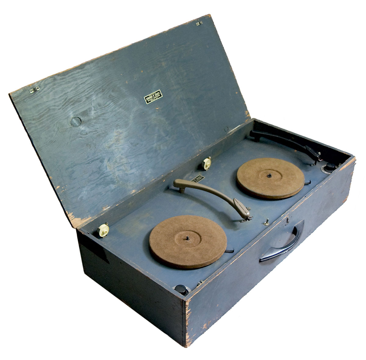 A photograph of Edward P. Casey’s 1955 custom-built double turntable for DJ’ing. 