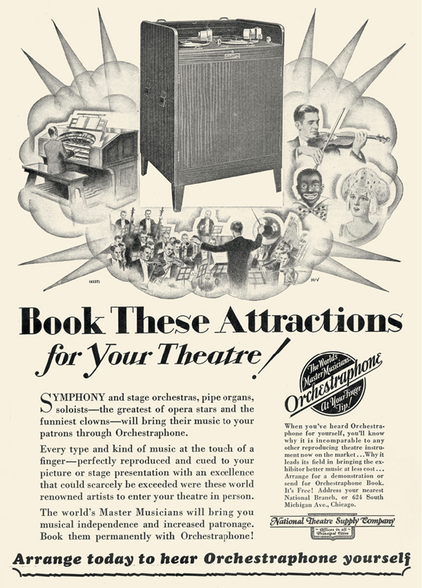 A 1928 advertisement for Orchestraphone in the September issue of Motion Picture Projectionist. 