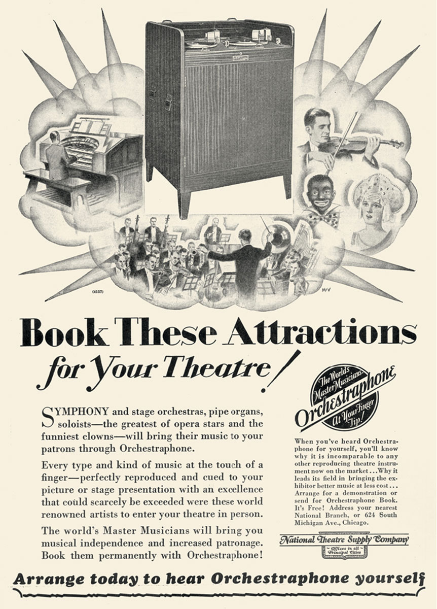 A 1928 advertisement for Orchestraphone in the September issue of Motion Picture Projectionist.