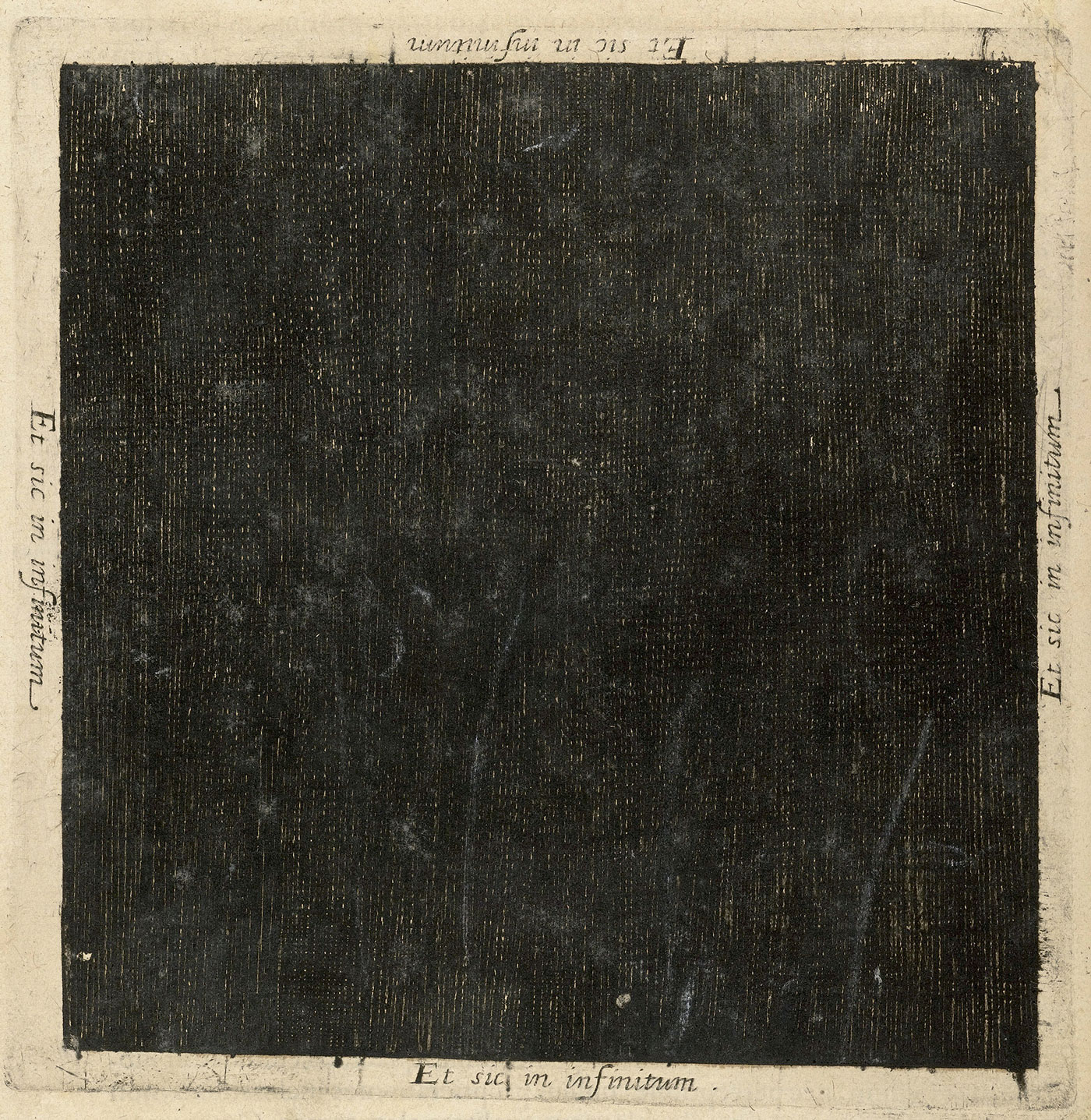 A plate representing the primordial darkness of the universe at the moment before creation in Robert Fludd’s 1617 “The Metaphysical, Physical, and Technical History of the Two Worlds, Namely the Greater and the Lesser.” The words “and like this to infinity” are written on all four sides of the square.