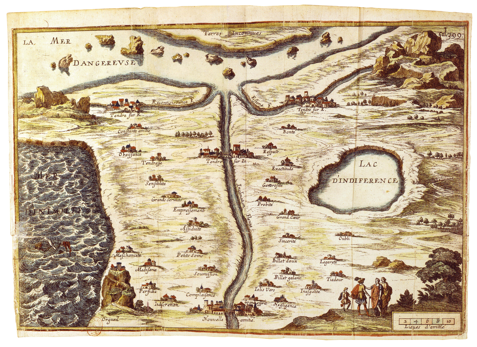 A map titled “Carte de Tendre,” the frontispiece from Clélie, Madeleine de Scudéry’s ten-volume novel composed between sixteen fifty-four to sixteen sixty-one. The map depicts the land of Tendre with its three rivers Estime, Reconnaissance, and Inclination.