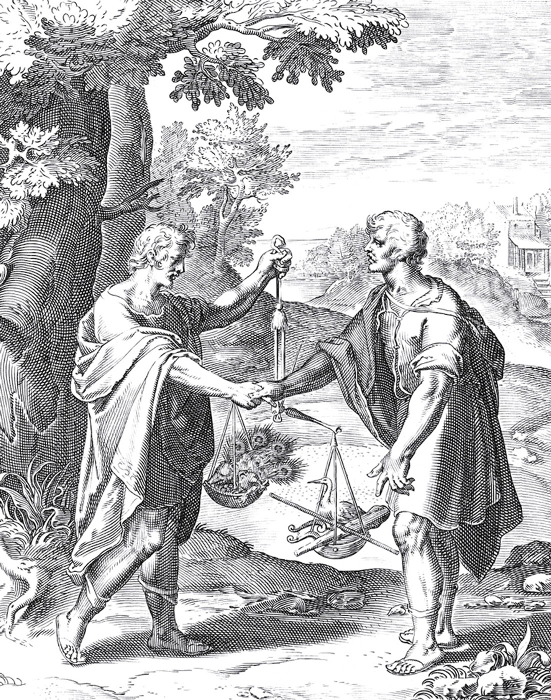 A drawing titled “Friendship in the Balance” from the 1612 edition of Flemish painter Otto Vaenius’s emblem book titled “Quinti Horatii Flacci Emblemata.”