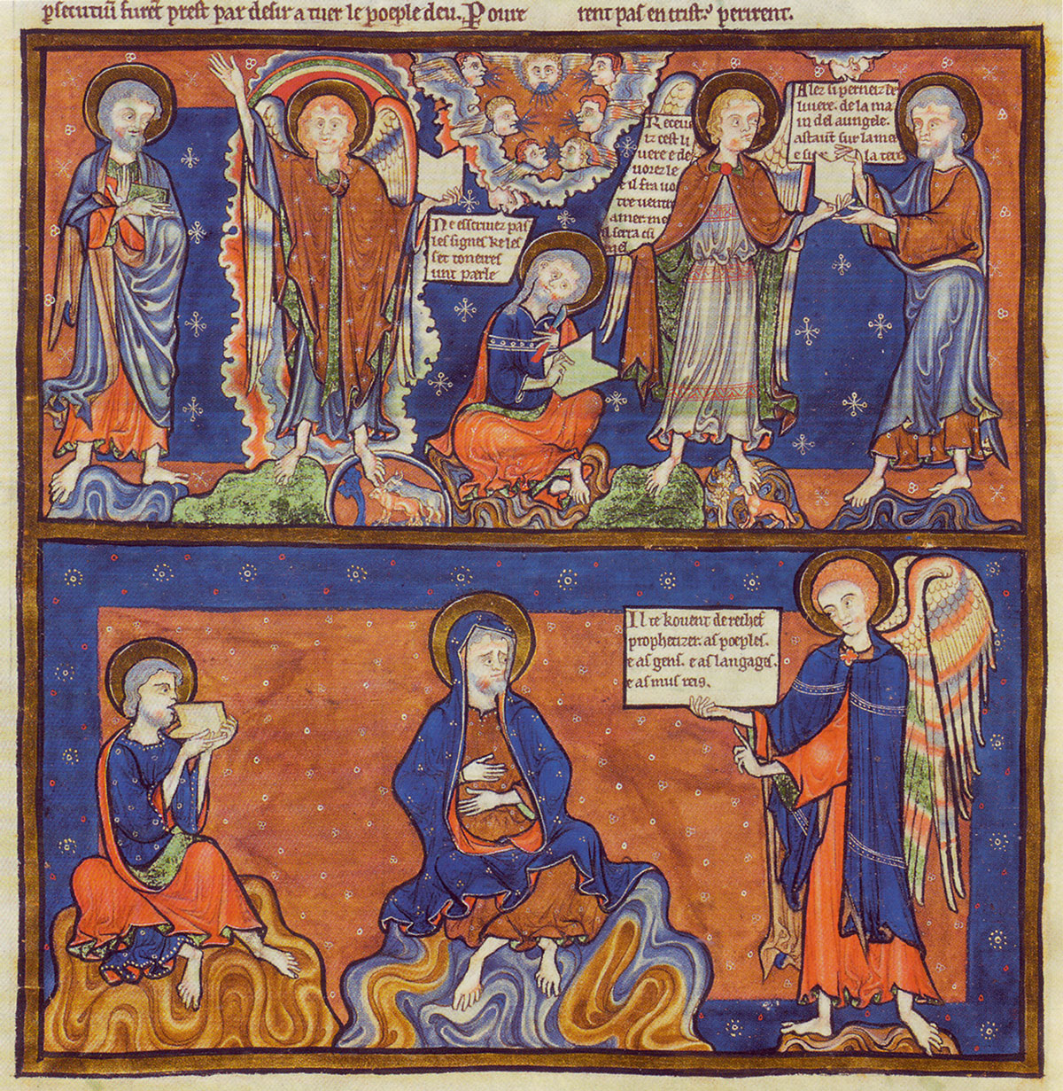 Illustration from the Trinity Apocalypse, a thirteenth-century English illuminated manuscript of the Apocalypse, or Book of Revelations. The French text, an abbreviated version of that written by Berengaudus in the early twelfth century, reads: “The Appearance of the Great Angel and the Seven Thunders. John is told by the angel not to write what the Seven Thunders have spoken; he is given a book to eat; he eats and finds it bitter; he is told by an angel to prophesy to the nations.” The manuscript, which has been preserved for centuries in Trinity College, Cambridge, was probably made for Queen Eleanor, wife of Henry III.