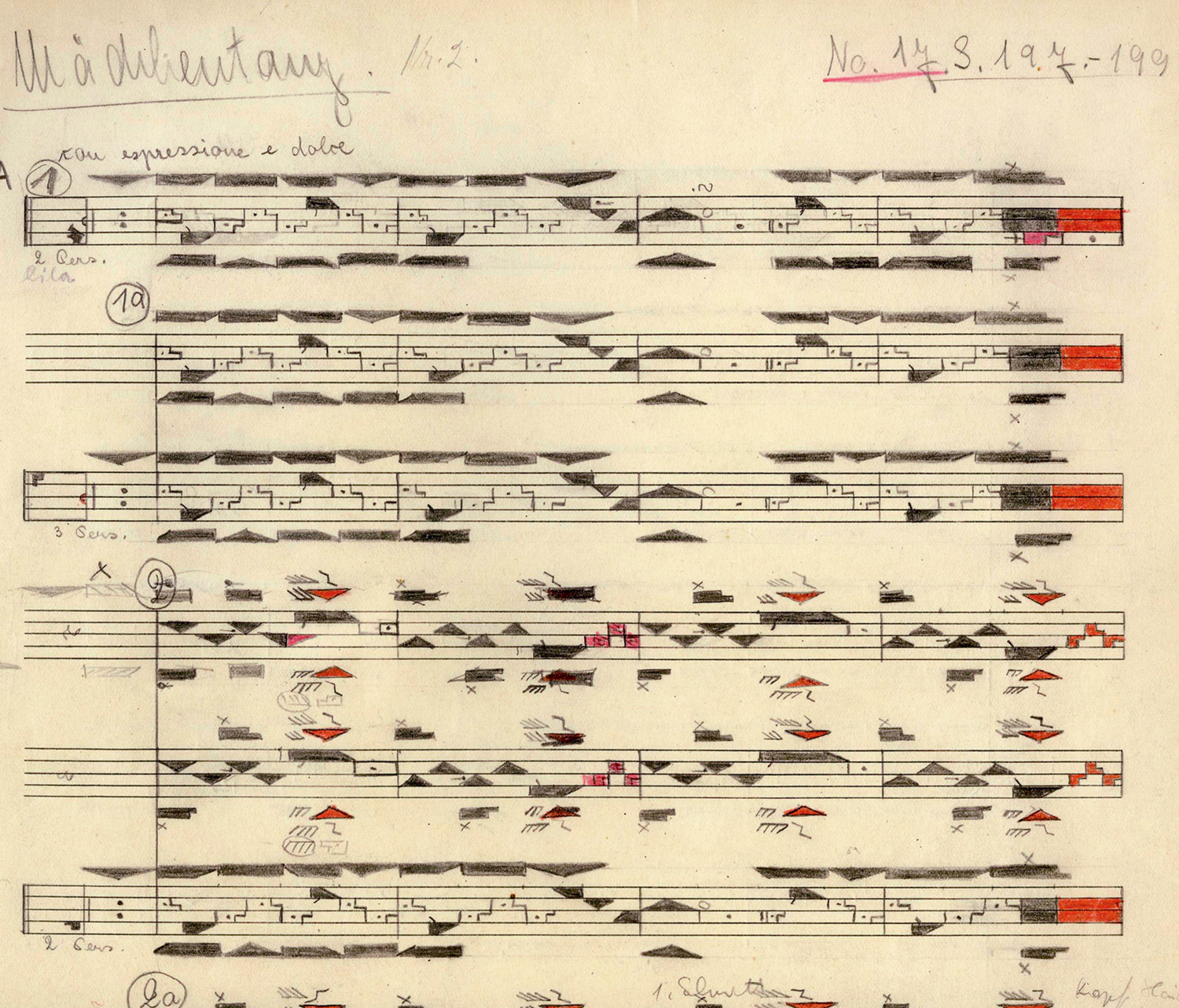 The labanotation of Laban’s choreography for the opera Prince Igor, performed in Berlin in 1930 (notated by Suzanne Ives).