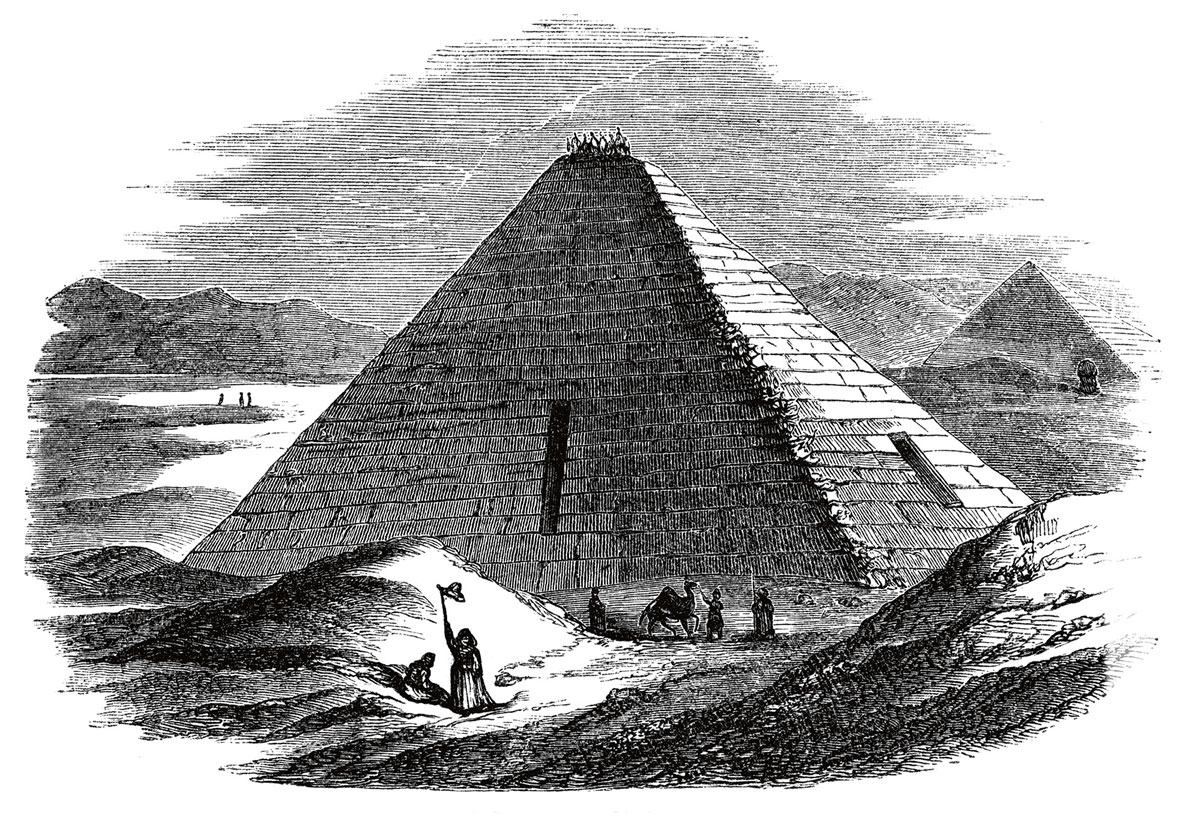 A drawing of gourmet dining atop a pyramid using Soyer’s Magic Stove.