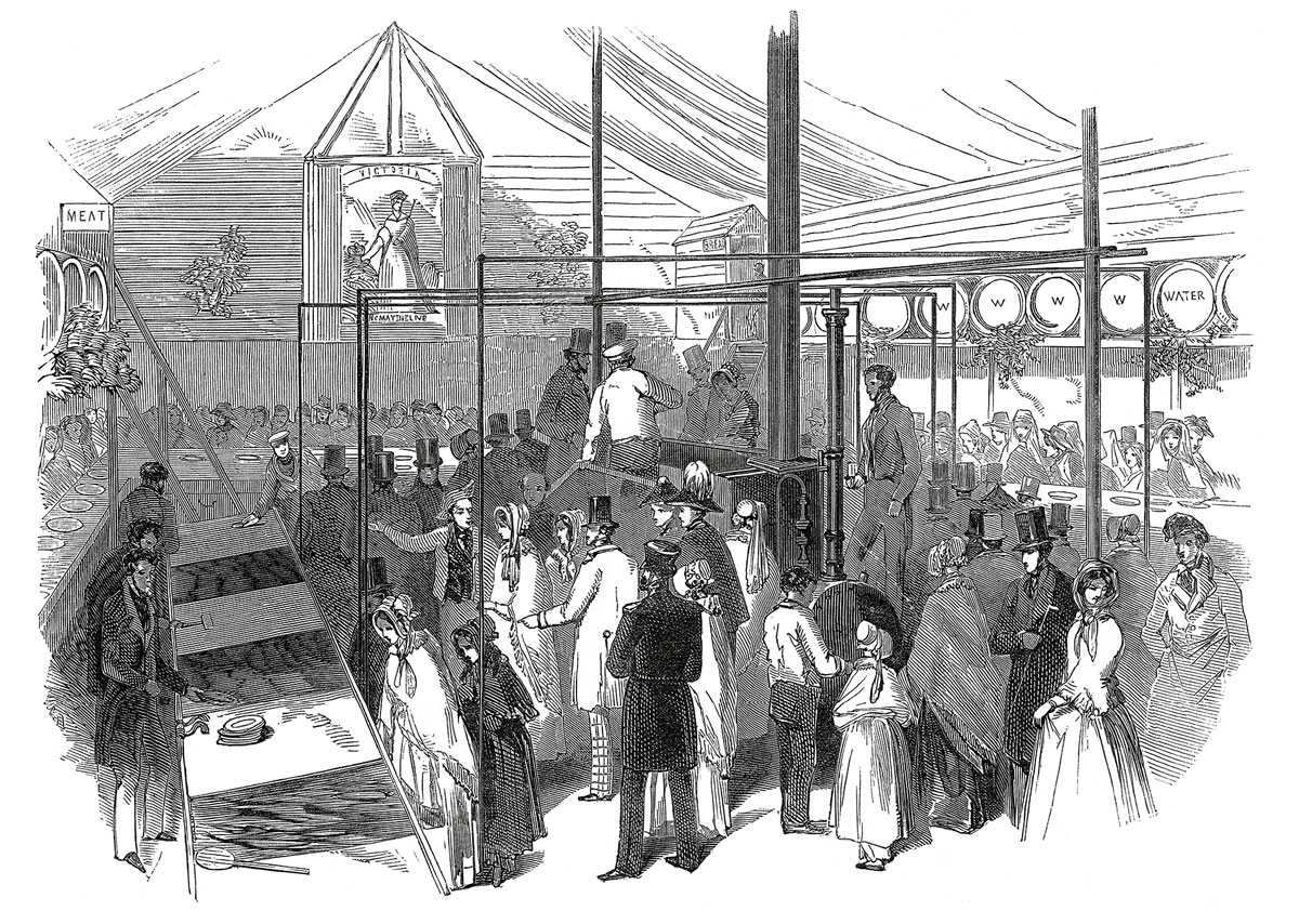 A drawing of the opening of Soyer’s soup kitchen in Dublin, 1847.