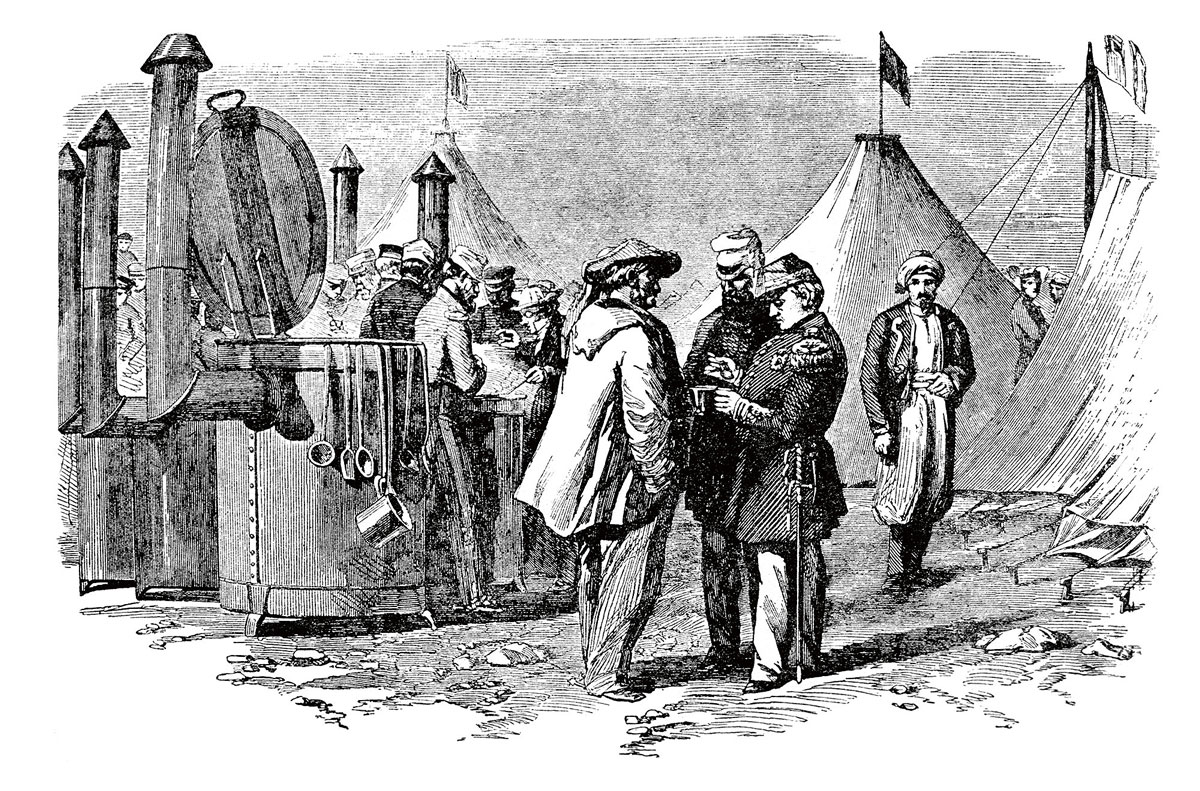 A drawing of Alexis Soyer in Crimea for the introduction of his field stoves. 