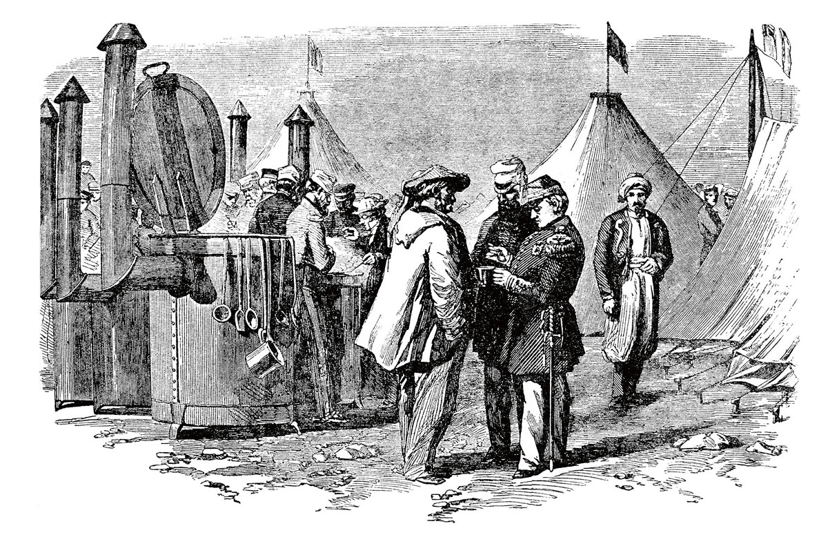 A drawing of Alexis Soyer in Crimea for the introduction of his field stoves.