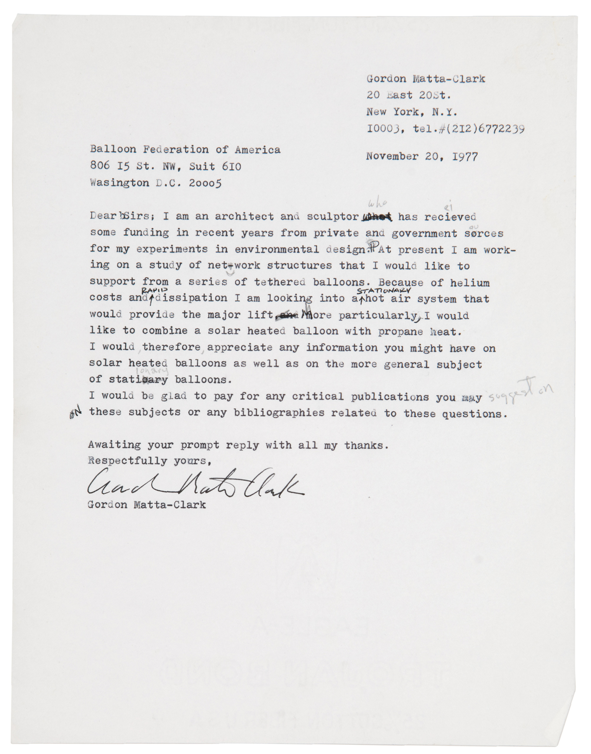 All correspondence reproduced here courtesy Estate of Gordon Matta-Clark, on deposit at the Canadian Centre for Architecture, Montreal.