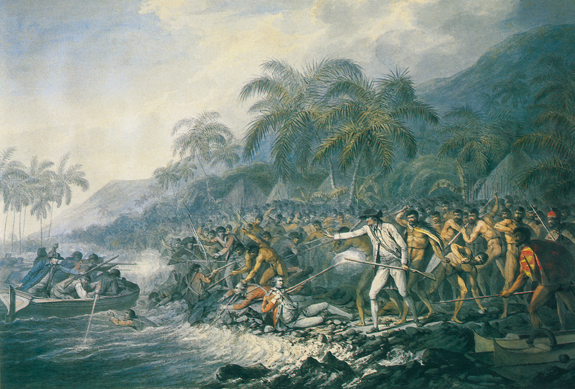 A circa seventeen eighty-one to seventeen eighty-three painting by John Webber titled “The Death of Captain Cook.”