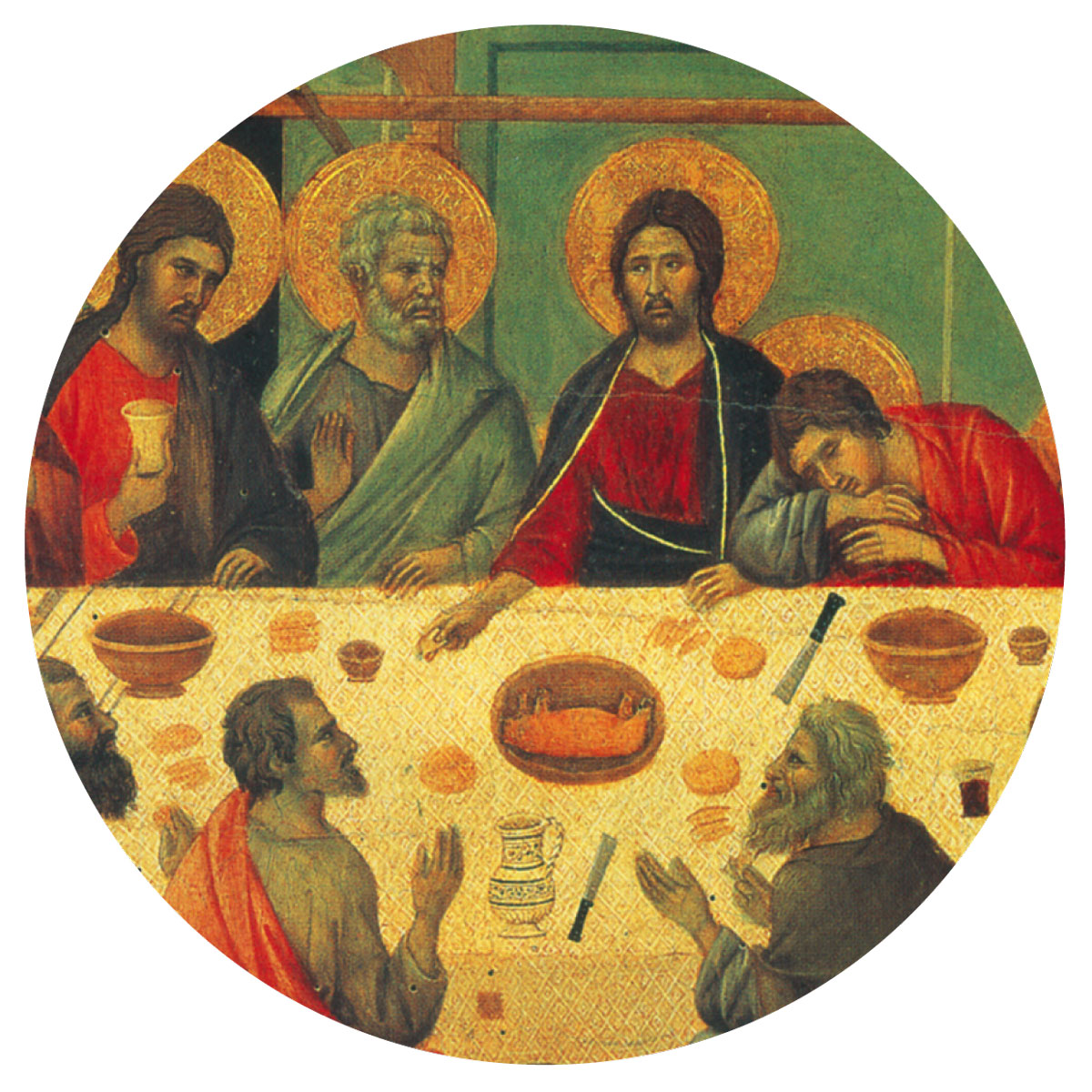 A detail from the thirteen eleven painting by Duccio titled “The Last Supper.”