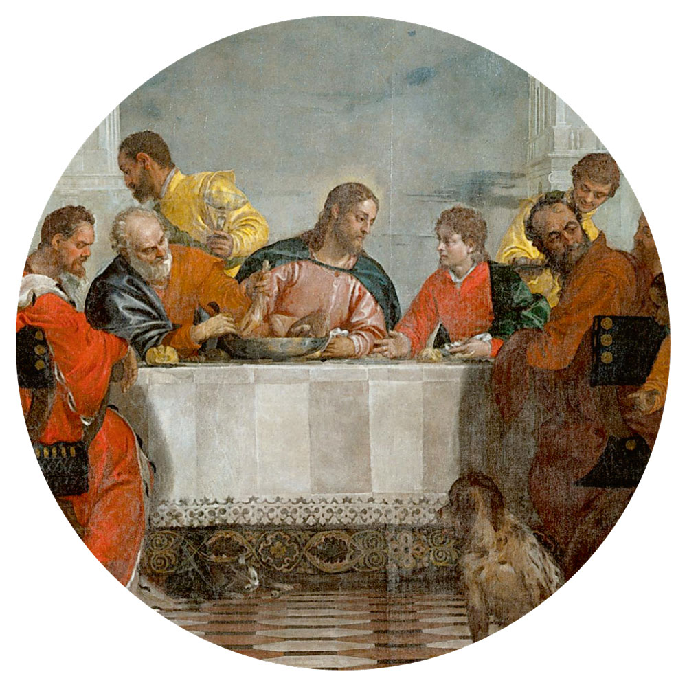 A detail from a fifteen seventy-three painting by Paolo Veronese titled “Feast in the House of Levi.” 