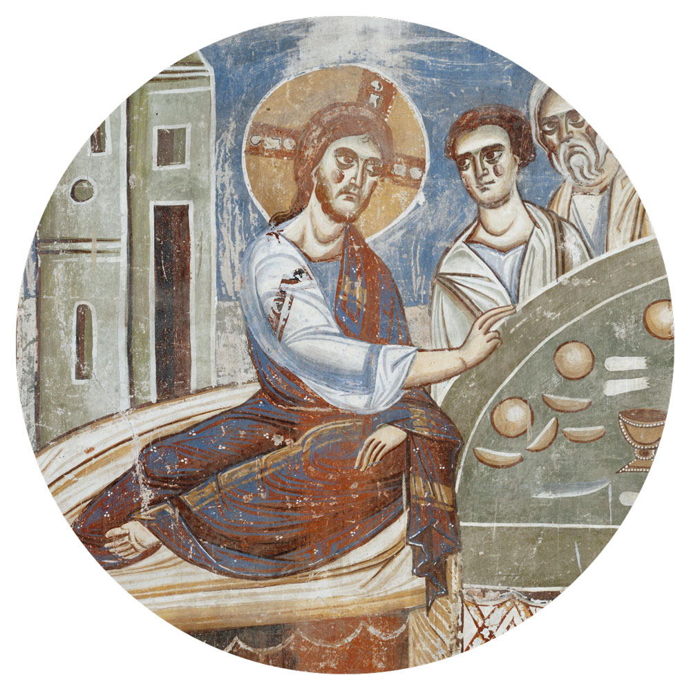 A detail from a ten seventy-two to ten eighty-seven painting by the School of Monte Cassino titled “The Last Supper.”