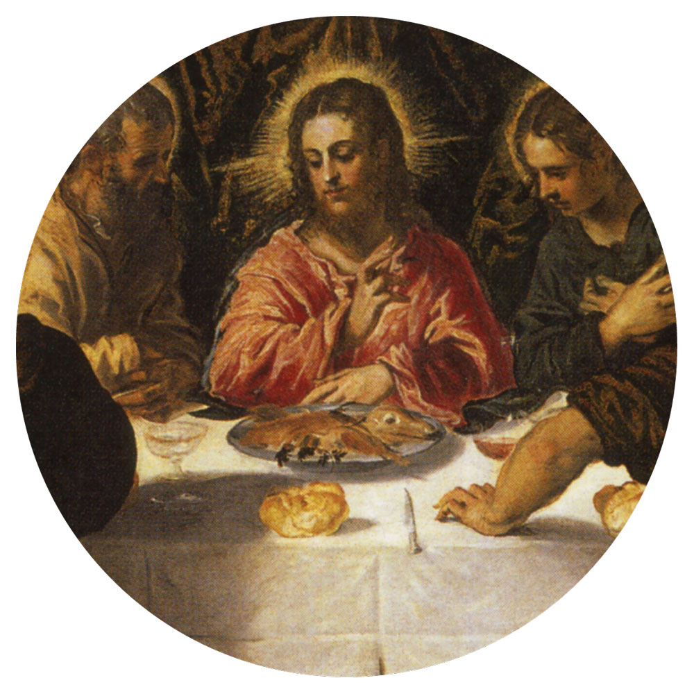 A detail from a fifteen forty-seven painting by Tintoretto titled “The Last Supper.” 