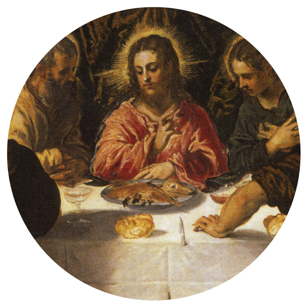A detail from a fifteen forty-seven painting by Tintoretto titled “The Last Supper.”