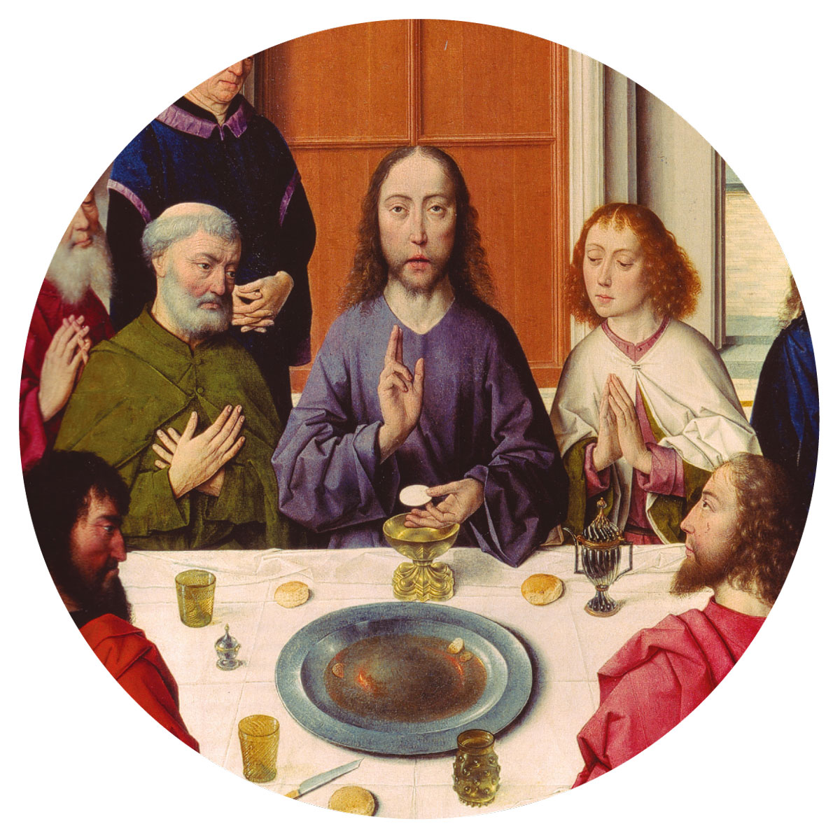 A detail from a fourteen sixty-four to fourteen sixty-eigh painting by Dieric Bouts titled “Altarpiece of the Holy Sacrament.” 