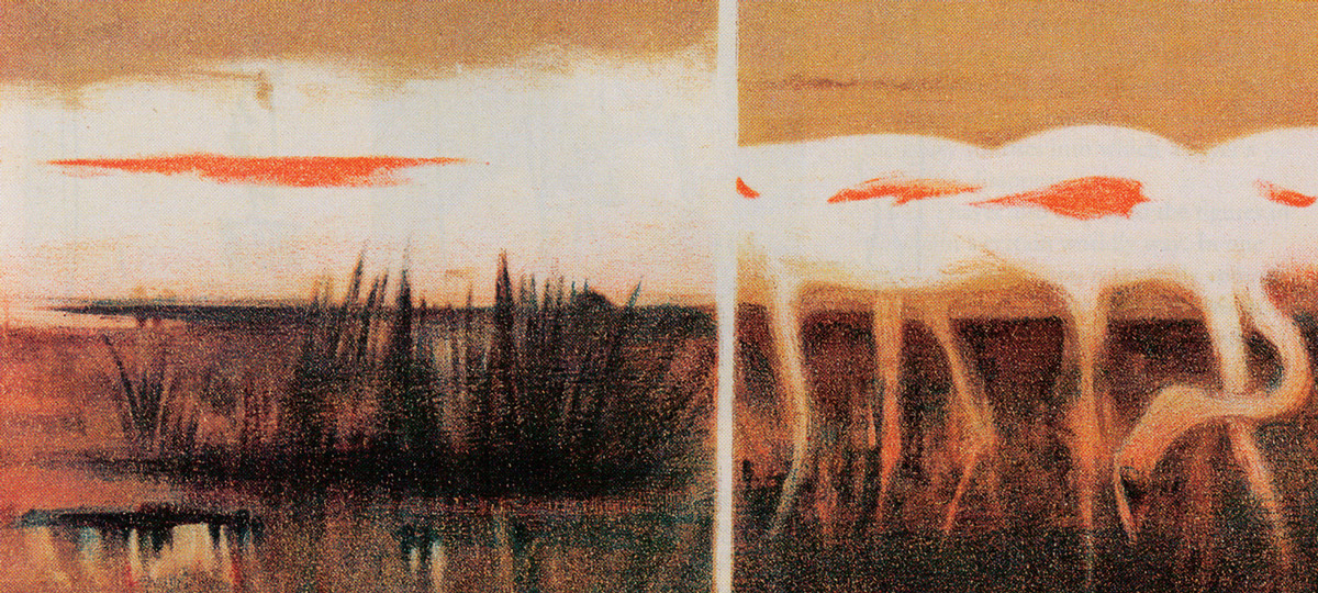 A 1909 painting by Abbot Handerson Thayer entitled “White Flamingos, Red Flamingos: The Skies They Simulate,” depicting flamingoes blending into the sunlit sky.
