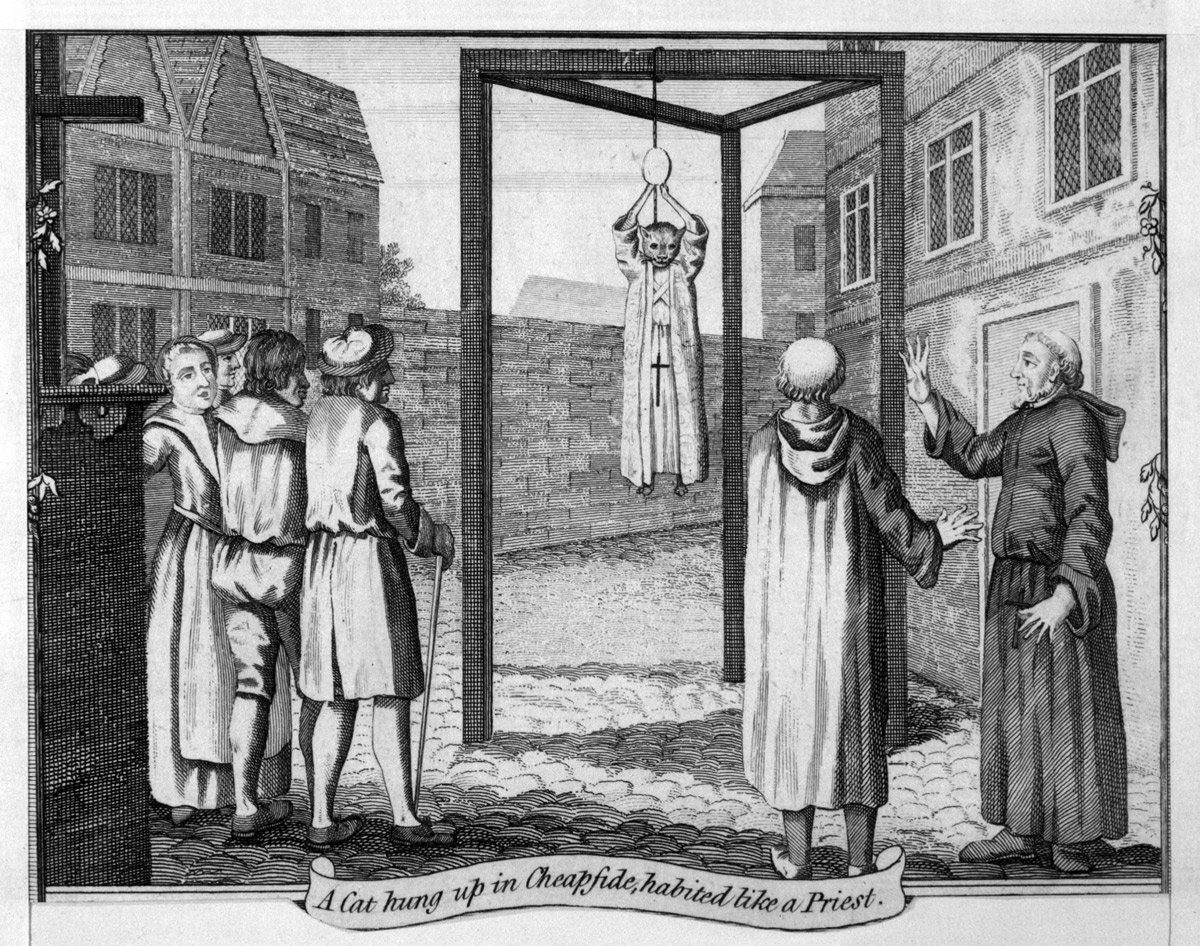 A 1554 illustration of Protestants hanging a cat, 1554.
