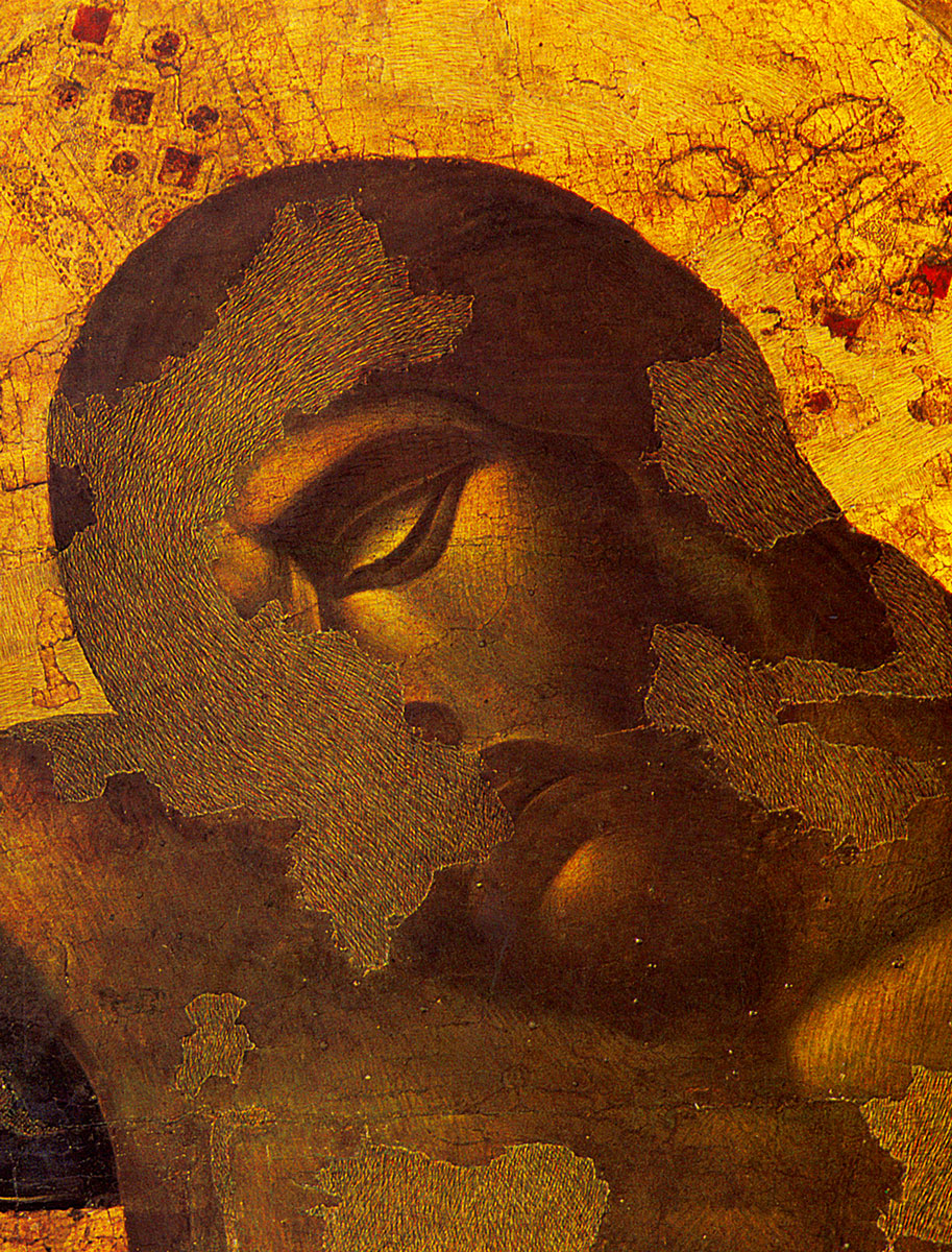 Detail of Cimabue’s Crucifix (1287–1288) after restoration, showing the use of chromatic abstraction (astrazione cromatica).