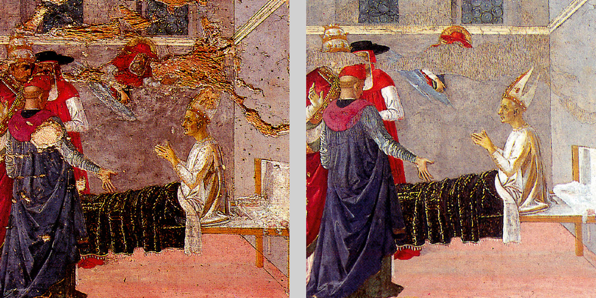 Pietro Perugino’s Scenes from the Life of St Jerome (1495), during cleaning and after restoration. Nineteenth-century “empirical” in-paintings were removed and replaced with a combination of modulated tratteggio (with more varied colors) for architectural elements and neutral gray tratteggio for figures and faces.