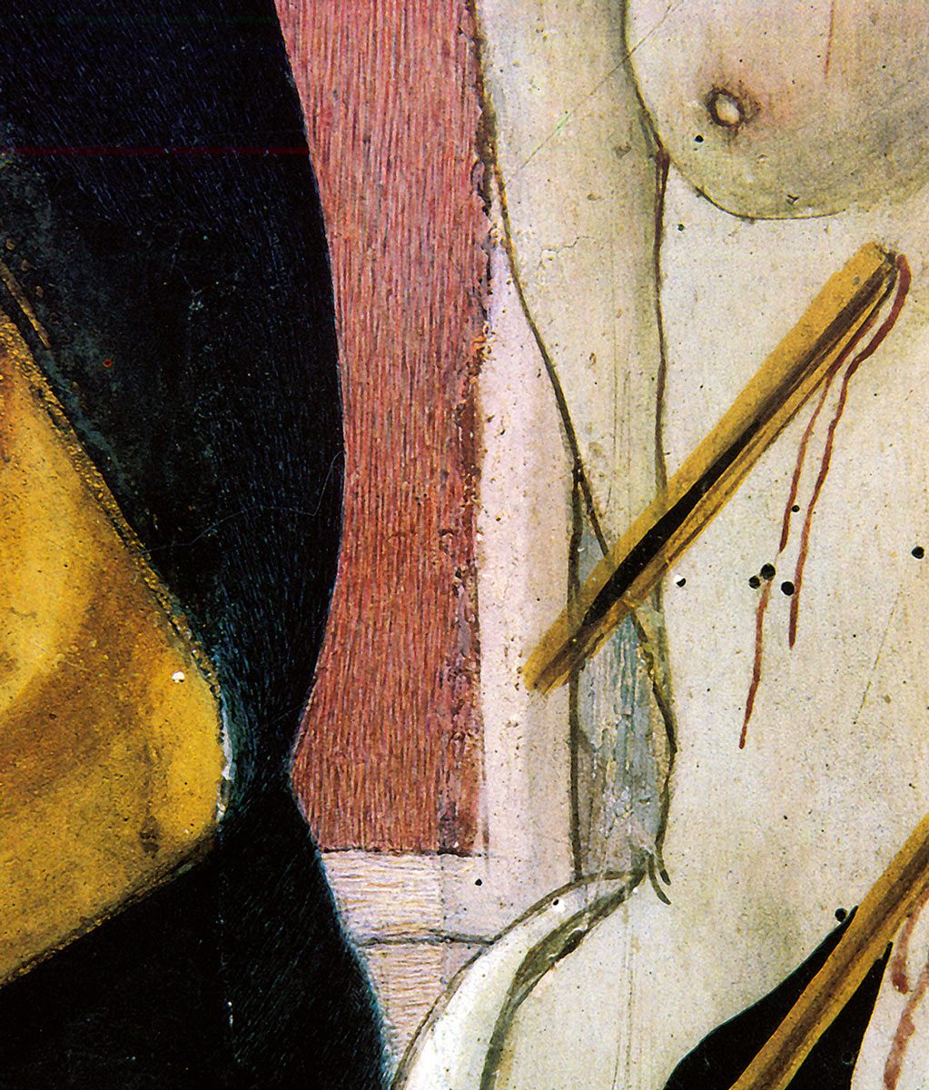 Detail of the restored Enthroned Madonna (fifteenth century), attributed to the Master of San Miniato, in the Pieve di San Bartolomeo at Pomino near Florence. The in-painting shown here (chromatic abstraction) reflects four distinct passes with four separate hues: the first yellow, the second orange-red, the third blue, and the last in tiny quantities of black to darken the overall effect.