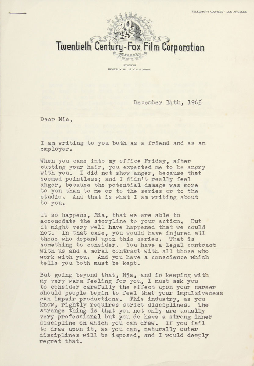 The first page of a two-page letter to Mia Farrow on Twentieth Century-Fox Film Corporation stationary discussing the effect of her haircut on her future career.