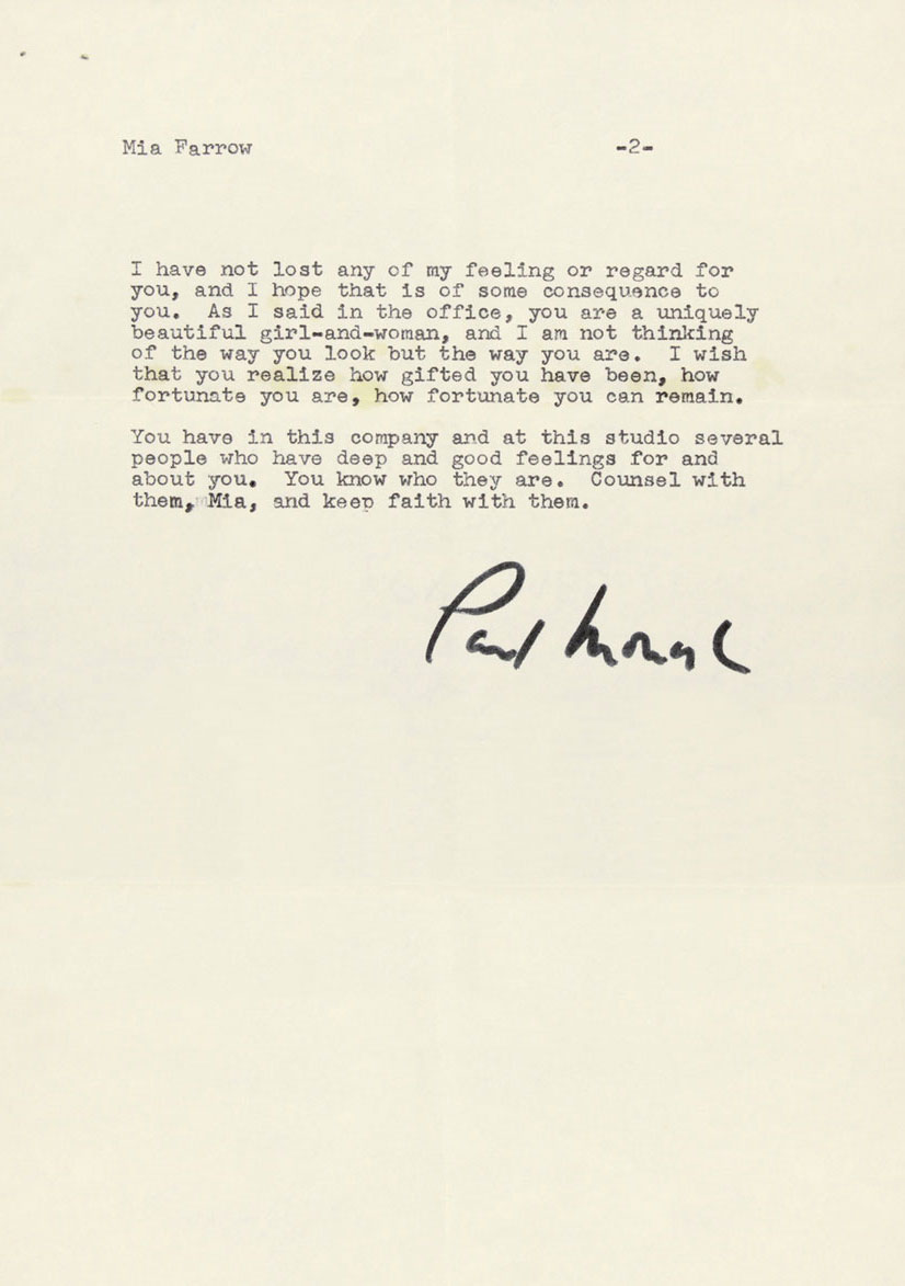 The second page of a two-page letter to Mia Farrow on Twentieth Century-Fox Film Corporation stationary discussing the effect of her haircut on her future career.