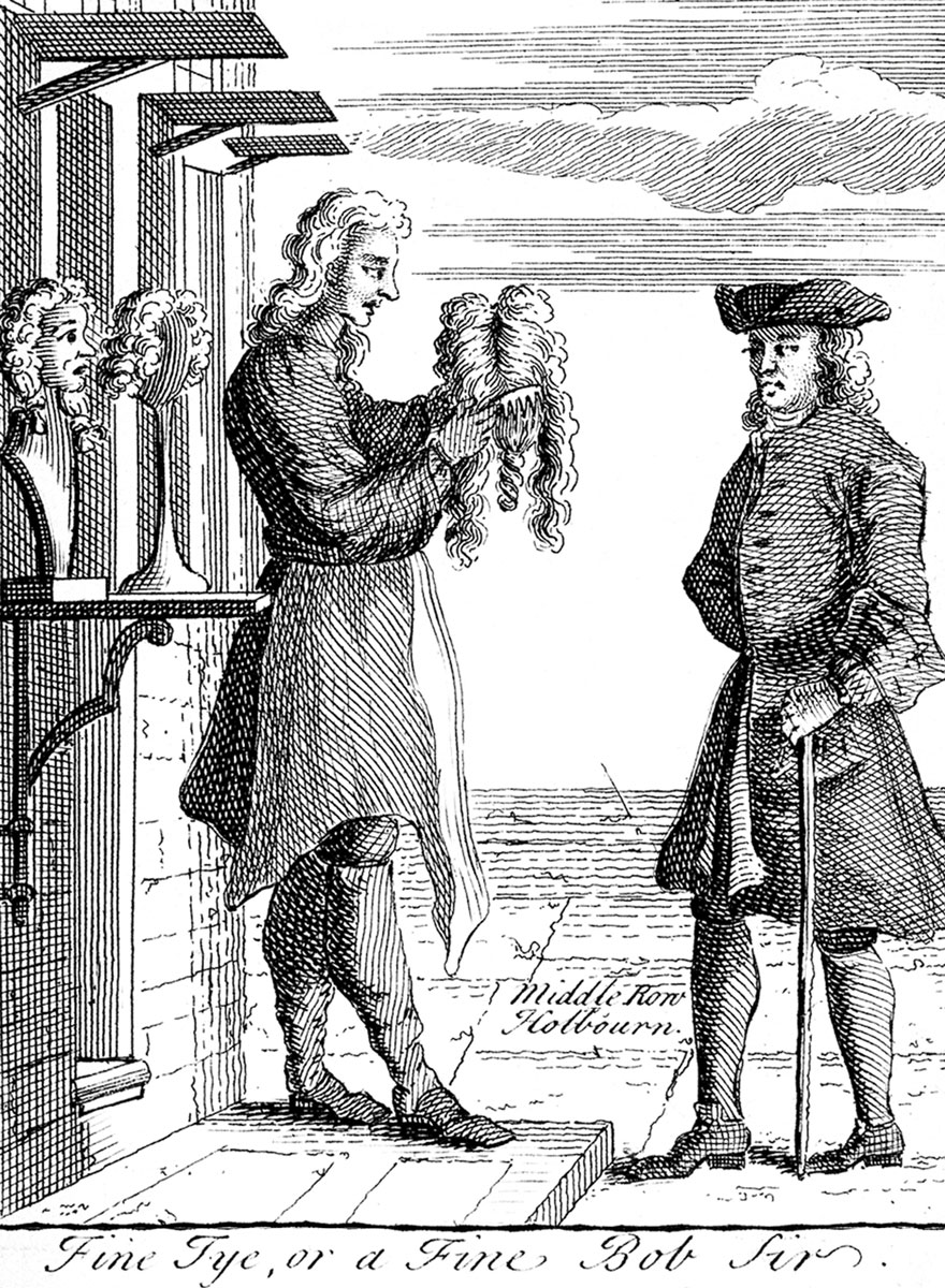 An image of a London wigmaker enticing a client with his wares in Middle Row, Holborn. 