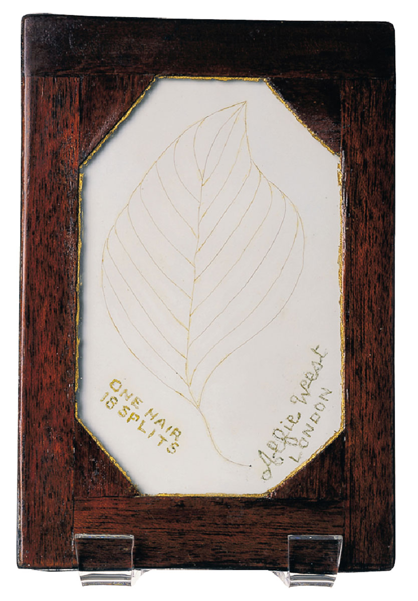 Alfie West, The Leaf of the Lime Tree. World Record., 1980. Verso text reads: “World Record No. 6 One human hair split into 18 parts televised by Japan 1980 Guinness Book of Records since 1976.”