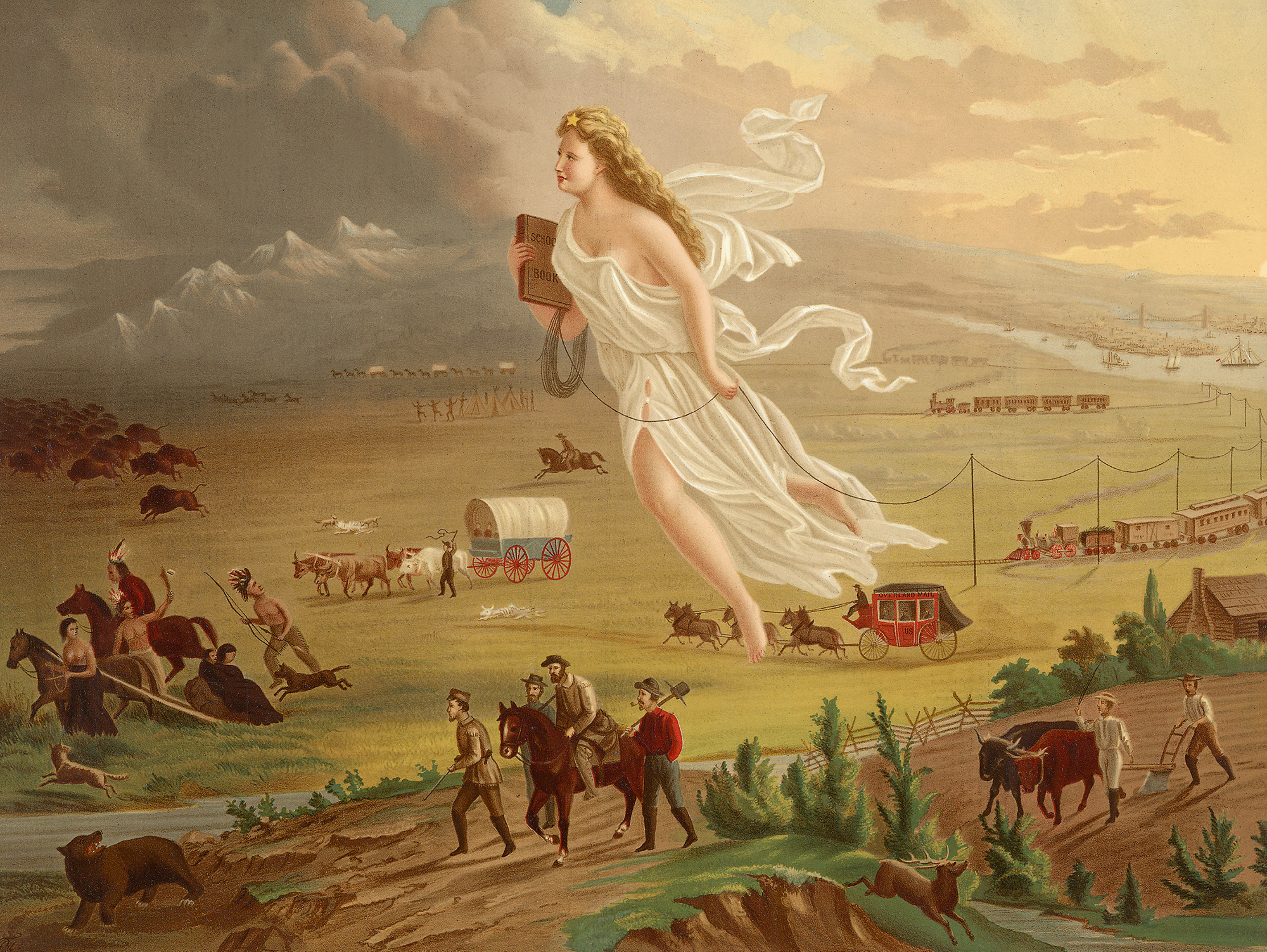 Chromolithograph by George A. Crofutt, after John Gast’s 1872 painting American Progress. Columbia, the personification of the United States, leads the way by stringing telegraph wire as she sweeps west. Courtesy Library of Congress.