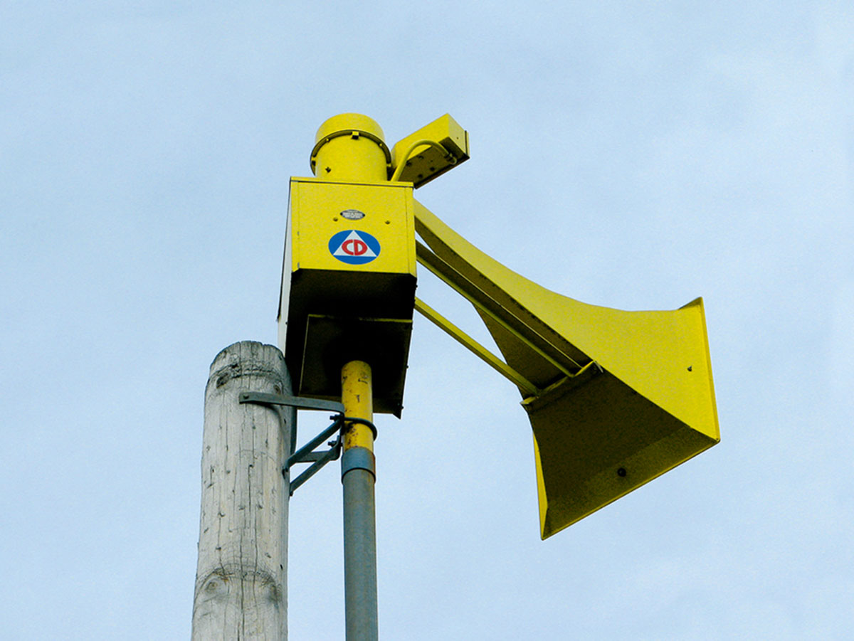 The US Civil Defense symbol on the side of a Thunderbolt 1003 siren.