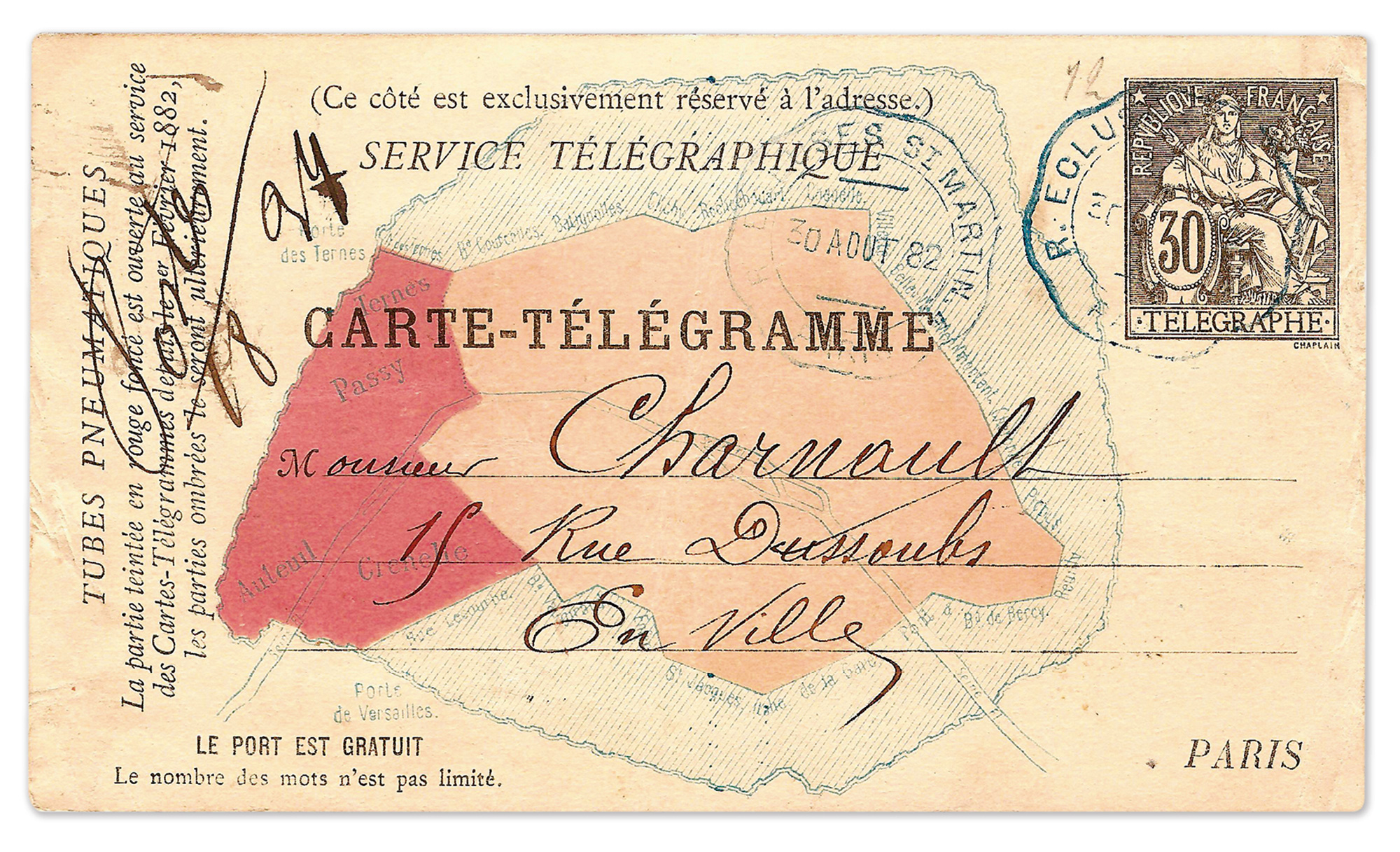 Piece of mail delivered by pneumatic post, August 1882. The map of Paris shows in red an area of the city that had begun to receive the service earlier that year. Note the legend at bottom left stating that there are no limits to the number of words that the sender can write on the reverse.