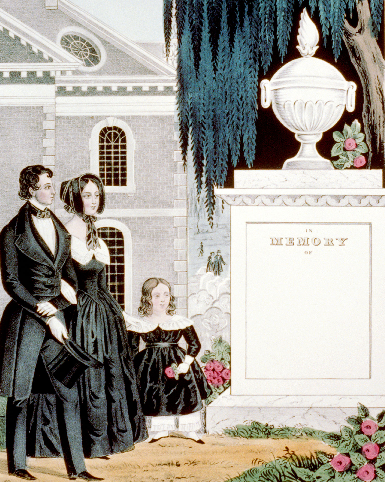 A circa eighteen forty-five blank memorial print by Nathaniel Currier depicting a family in front of a mausoleum on which is engraved ““In memory of.”