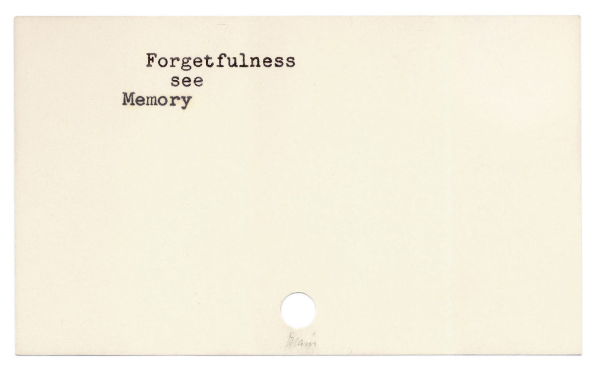 David Bunn, Forgetfulness (discarded catalogue card from the Los Angeles Central Library), 2011.