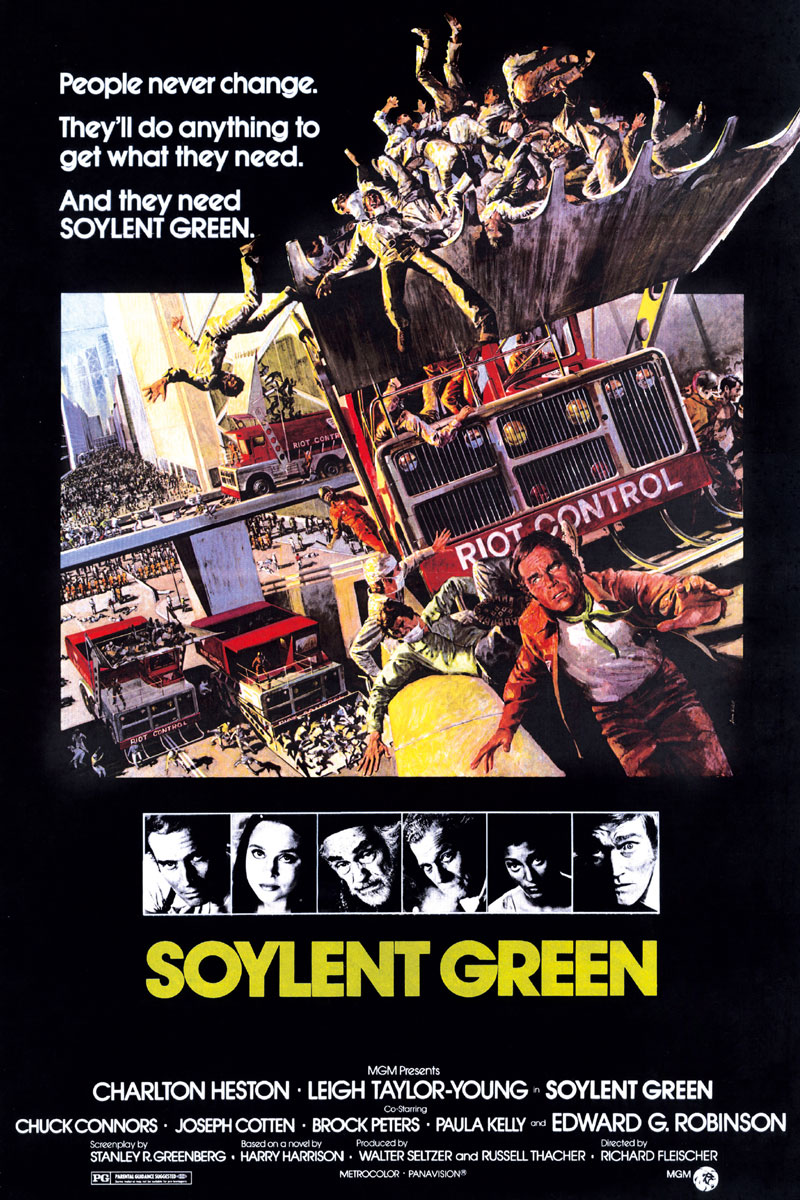 Poster for Soylent Green, 1973. The film depicts a futuristic society in which overpopulation is so catastrophic and food in such short supply that the populace survives on rations of the titular food product, which turns out to be made from processed human flesh.
