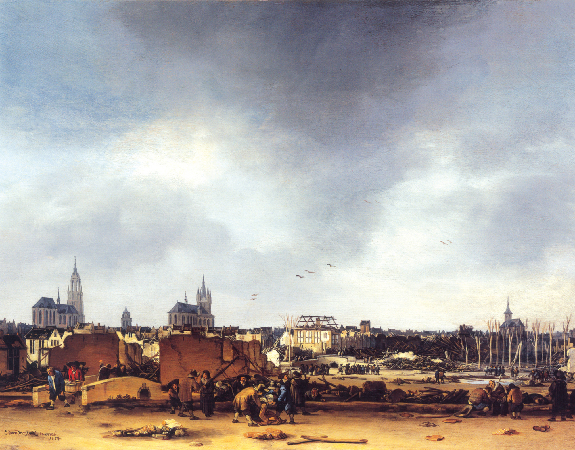 Egbert van der Poel sixteen fifty-four painting titled “A View of Delft after the Explosion of sixteen fifty-four.”