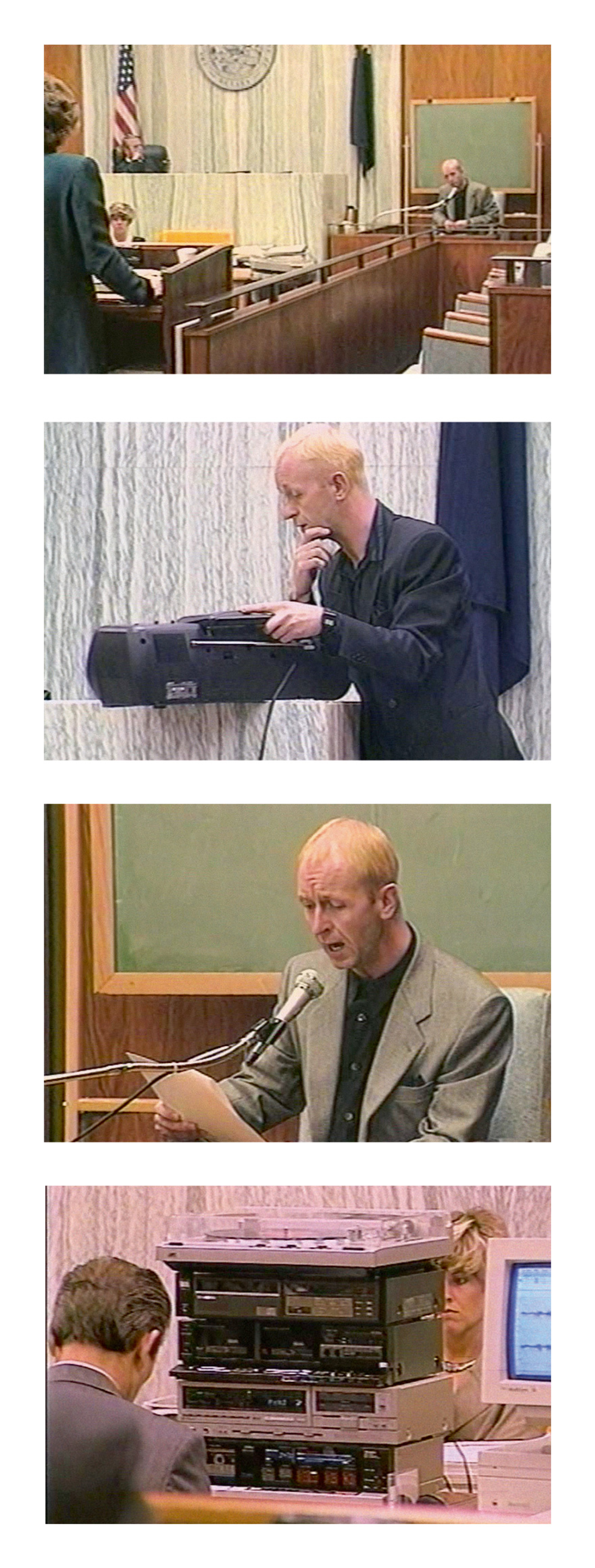 All images from David van Taylor’s 1992 documentary film Dream Deceivers: The Story Behind James Vance vs. Judas Priest. Here, the band’s lead singer Rob Halford performs in the dock.