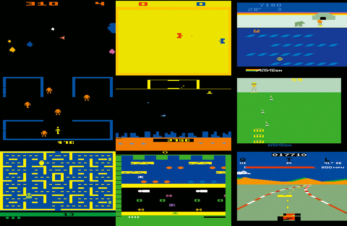 An assortment of frames from Atari twenty-six hundred games, including: “Combat” (nineteen seventy-seven), “Frostbite” (nineteen eighty-three), “Defender” (nineteen eighty-two), “Kaboom!” (nineteen eighty-one), “Frogger” (nineteen eighty-two), and “Pole Position” (nineteen eighty-three).