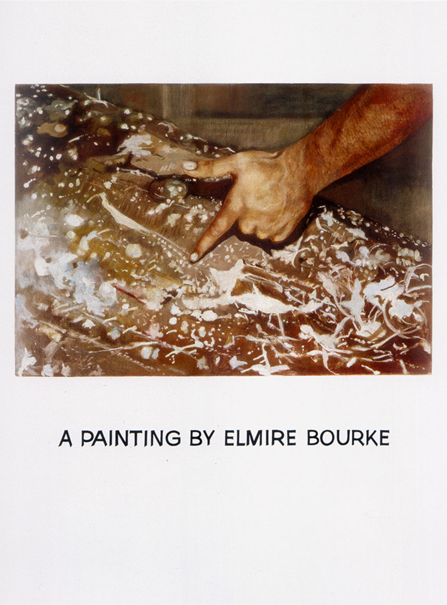 John Baldessari’s nineteen sixty-nine artwork titled “Commissioned Painting: A Painting by Elmire Bourke.” It depicts a hand pointing at what looks to be a decorative tree trunk.