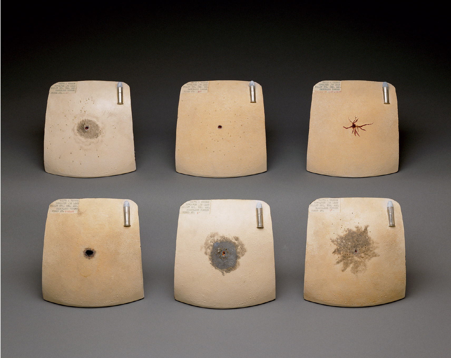 The front of this issue’s postcard which depicts six ceramic chest plates with bullet wounds. 