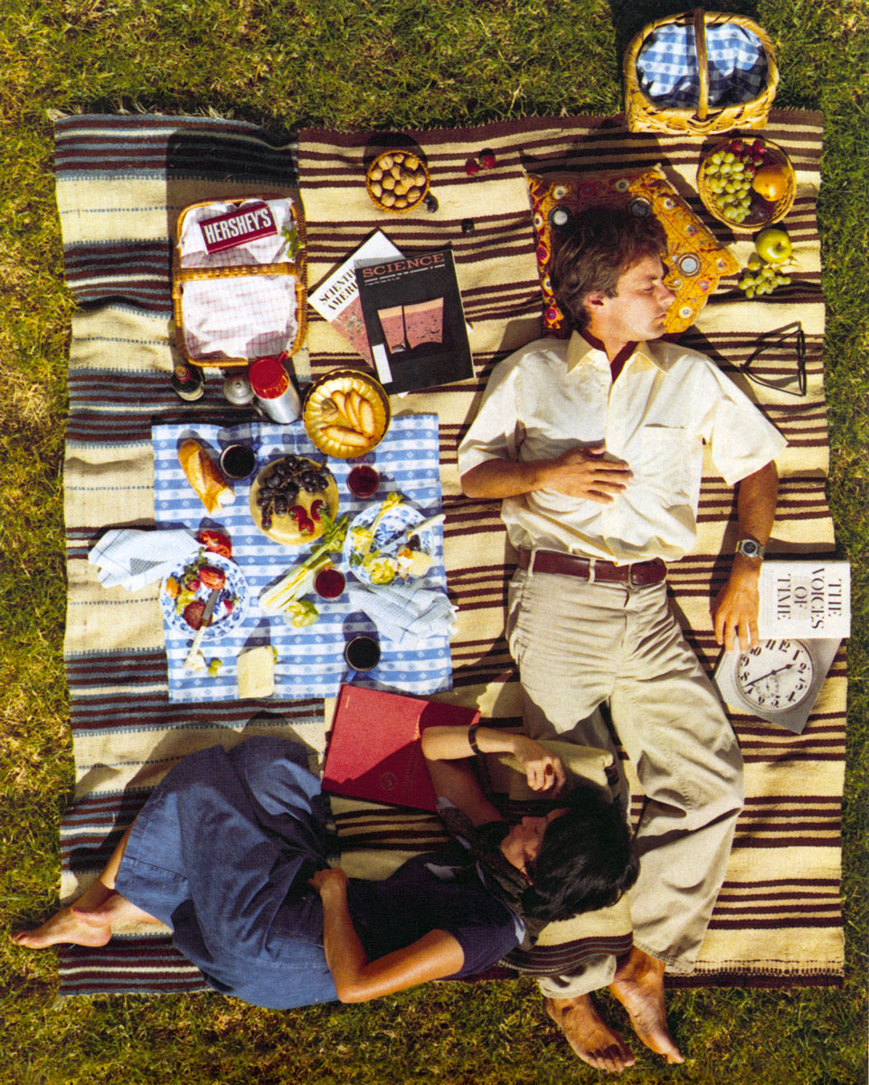 A photograph of sleeping picnickers from above, from the nineteen eighty-two book version of “Powers of Ten,” by Philip and Phylis Morrison and the Office of Charles and Ray Eames.