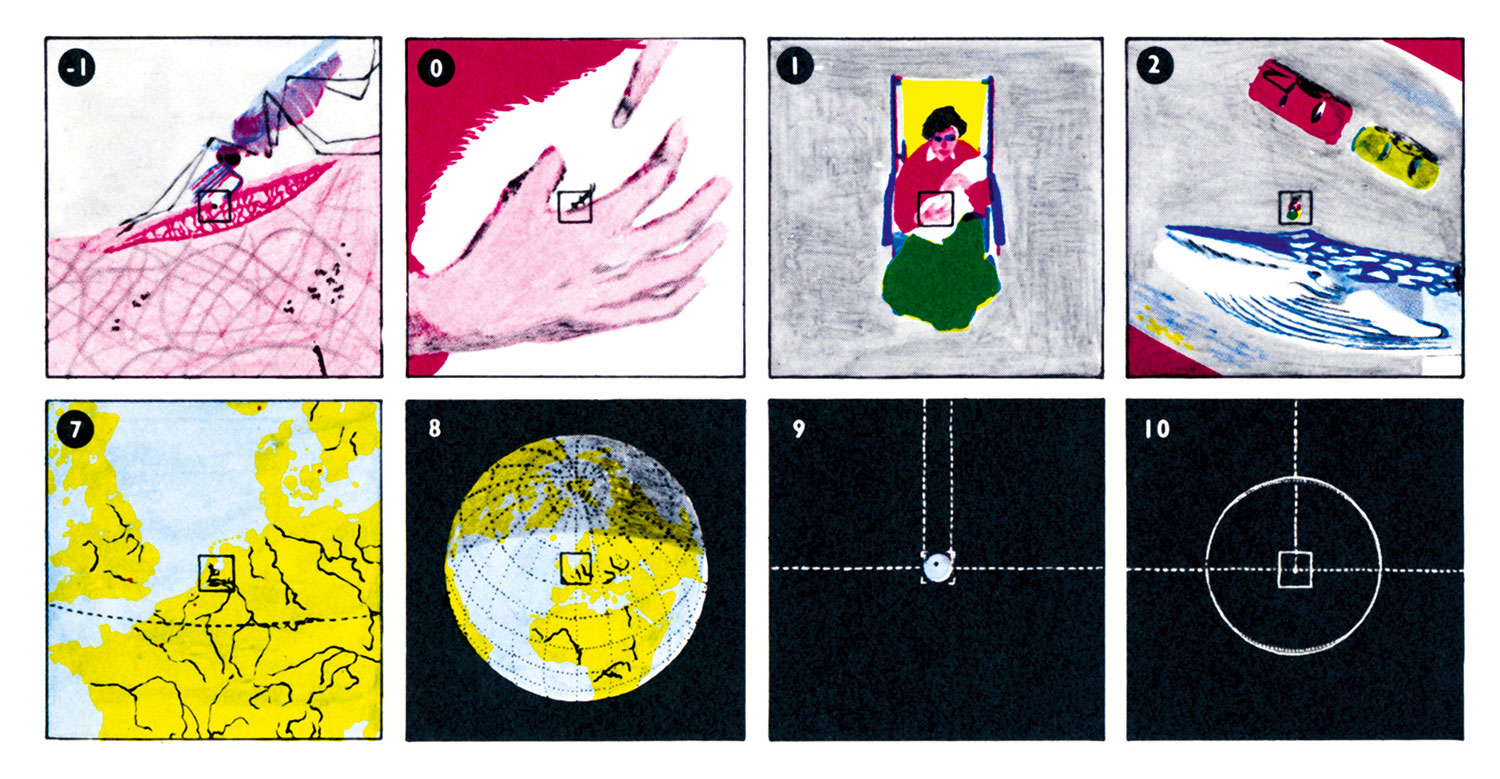 Illustrations from Kees Boeke’s 1957 Cosmic View: The Universe in 40 Jumps, an inspiration for the Eameses’ film.