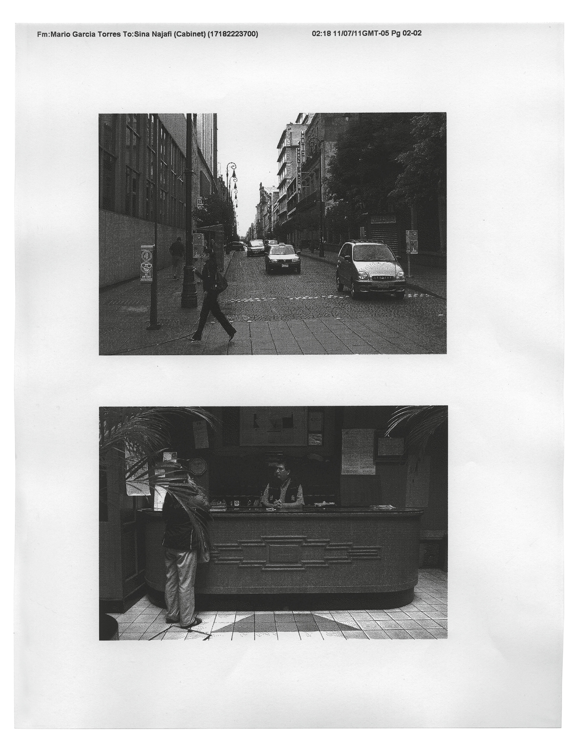 A page from Mario Garcia Torres’s twenty eleven artwork “Notes for the Disjunction of Time,” featuring two photographs—one a street scene, the other what looks to be a hotel lobby. 