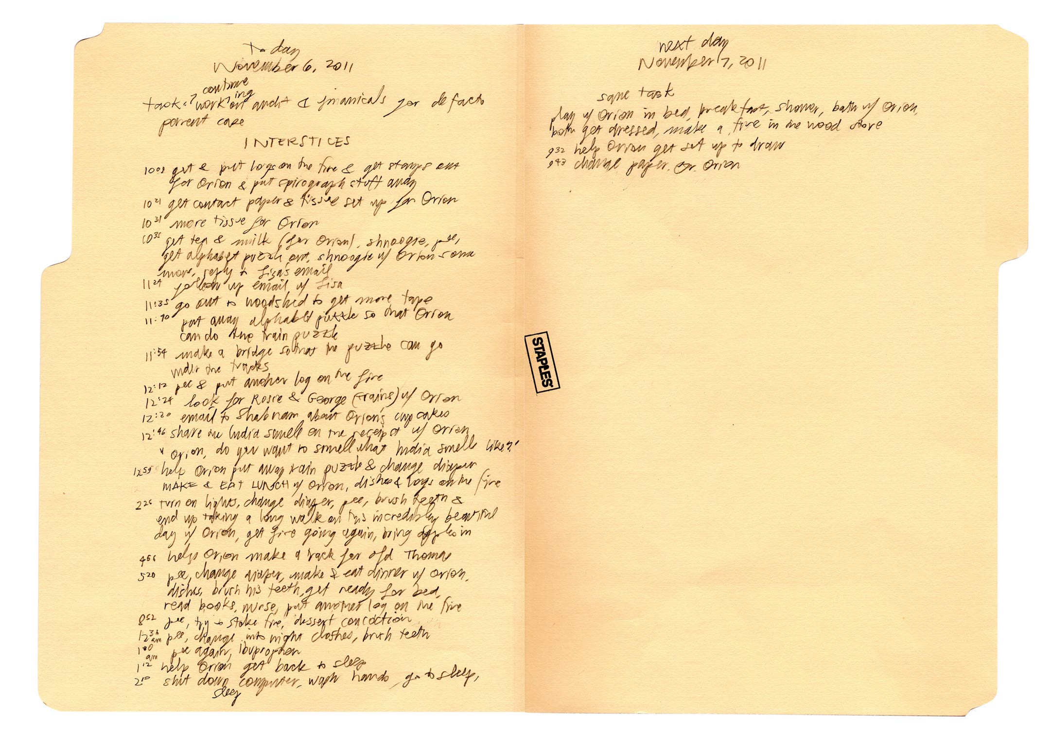 Danica Phelps’s artwork of time-stamped entries written on a manila folder.