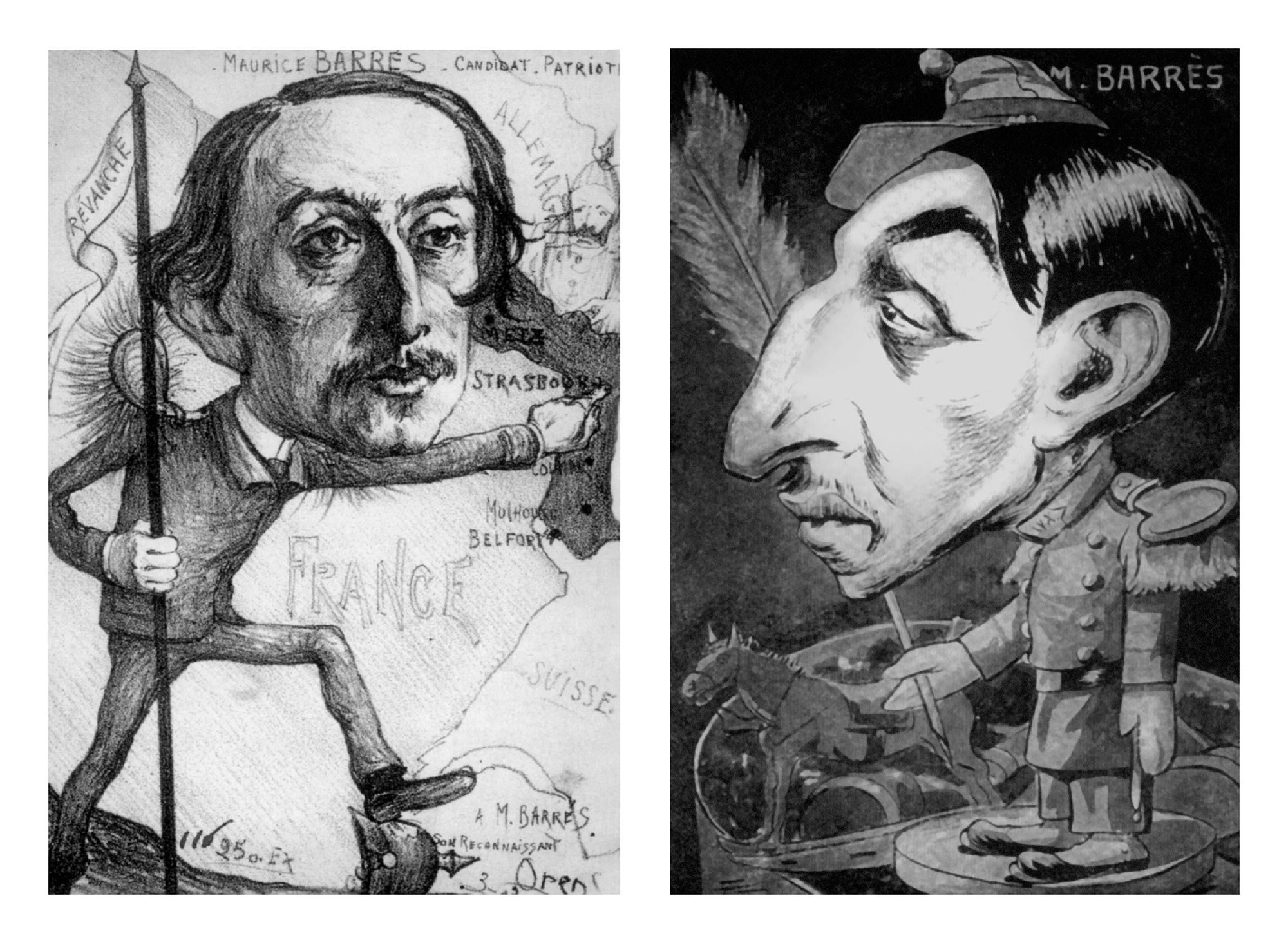 Two caricatures of Maurice Barrès, a writer, patriot, and candidate.