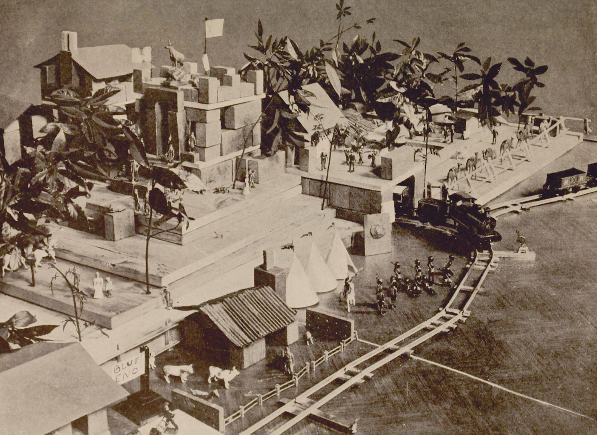 A photograph taken by H. G. Wells from the nineteen twelve edition of his “Floor Games.” It depicts a “terraced hill on which stands the Town Hall. Behind can be seen the Zoölogical Gardens.”